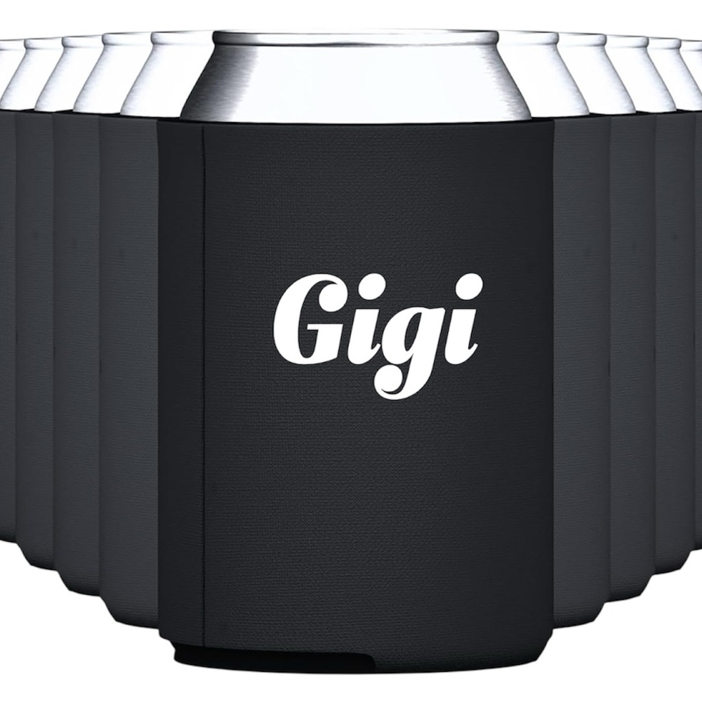Black can koozie with custom writing Gigi